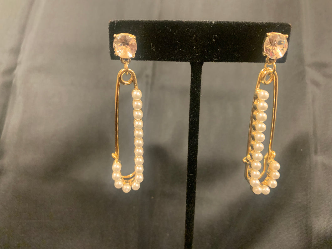 Rhinestone & Pearl Safety Pin Drop Earrings