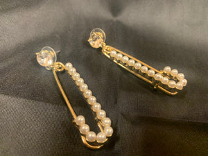 Rhinestone & Pearl Safety Pin Drop Earrings